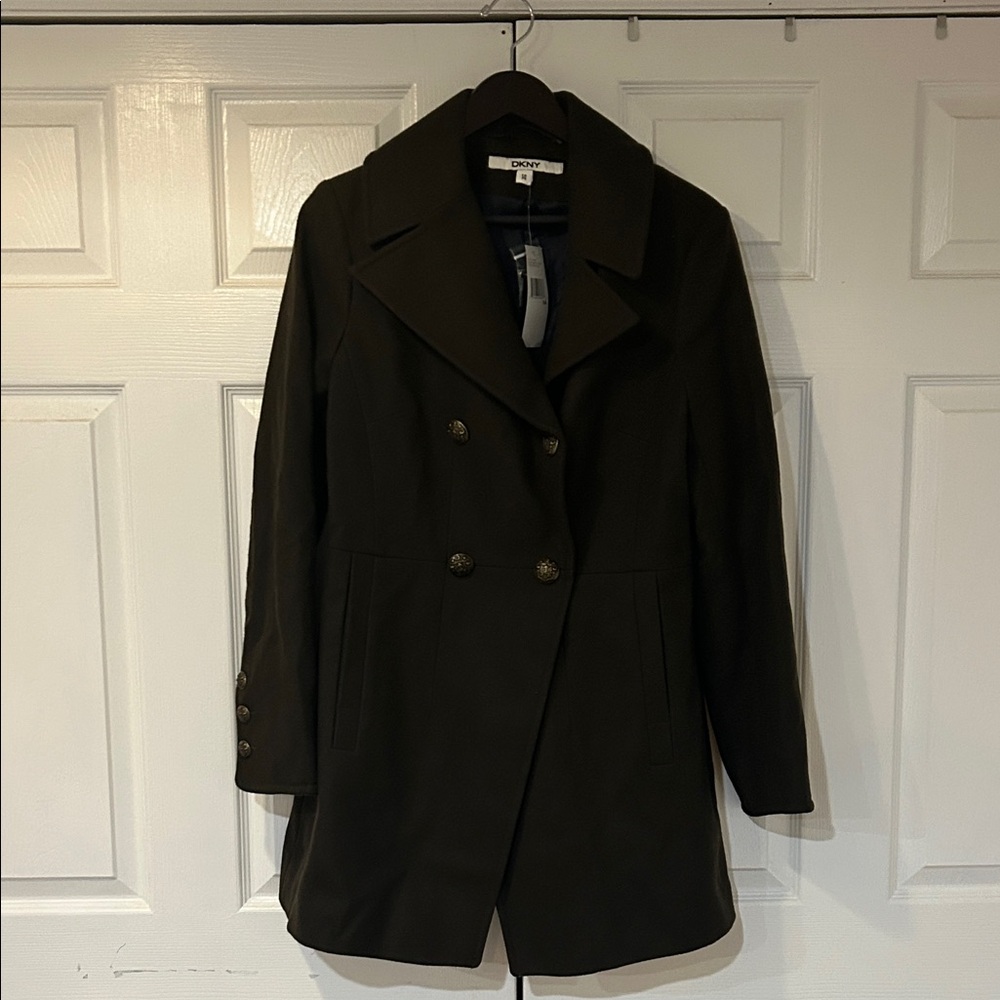 Dkny Women's Double-Breasted military green wool coat - size 14